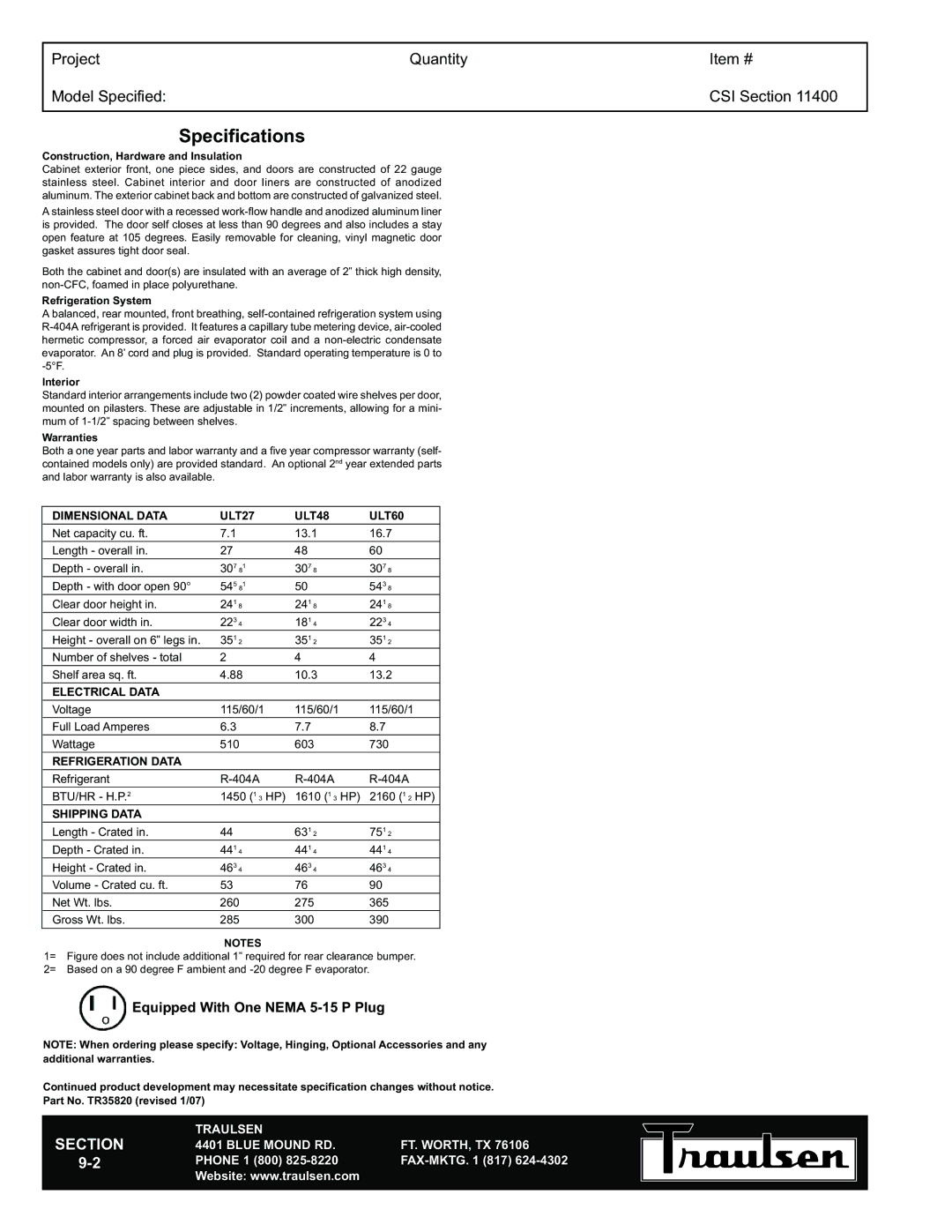 Traulsen ULT60-LR, ULT48-LR, ULT27-R warranty Specifications 