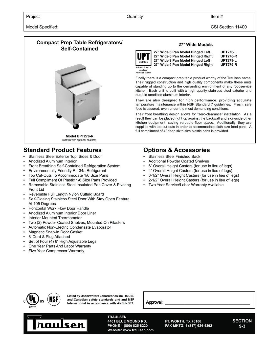 Traulsen UPT276-L, UPT276-R, UPT279-R, UPT279-L warranty Upt, Compact Prep Table Refrigerators Self-Contained 