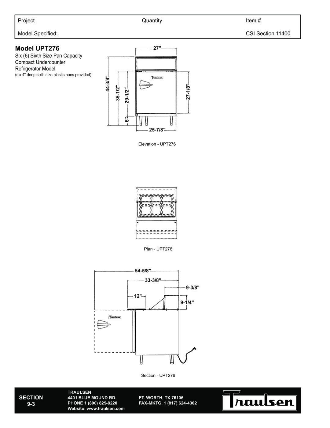 Traulsen UPT279-R, UPT276-R, UPT276-L, UPT279-L warranty Model UPT276 