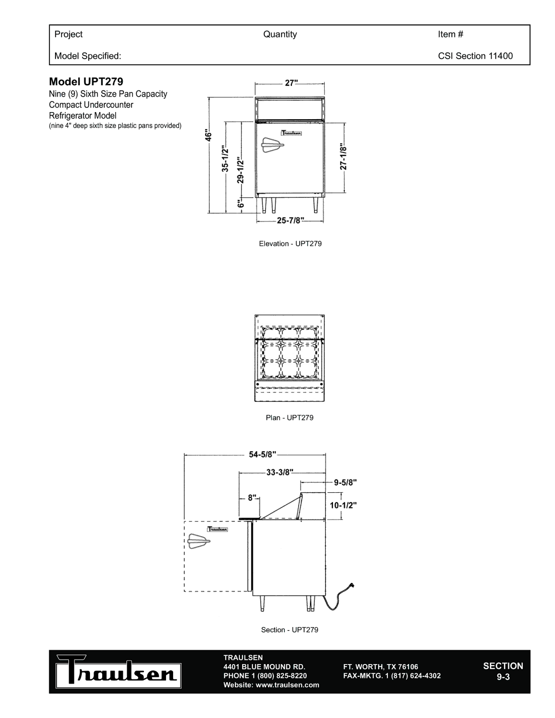 Traulsen UPT279-L, UPT276-R, UPT276-L, UPT279-R warranty Model UPT279 