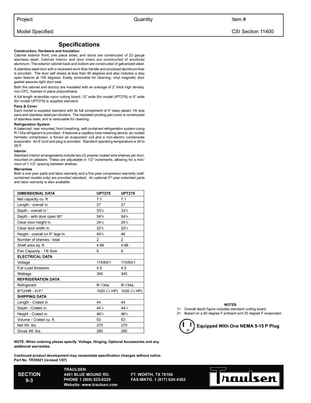 Traulsen UPT276-R, UPT276-L, UPT279-R, UPT279-L warranty Specifications, Construction, Hardware and Insulation 