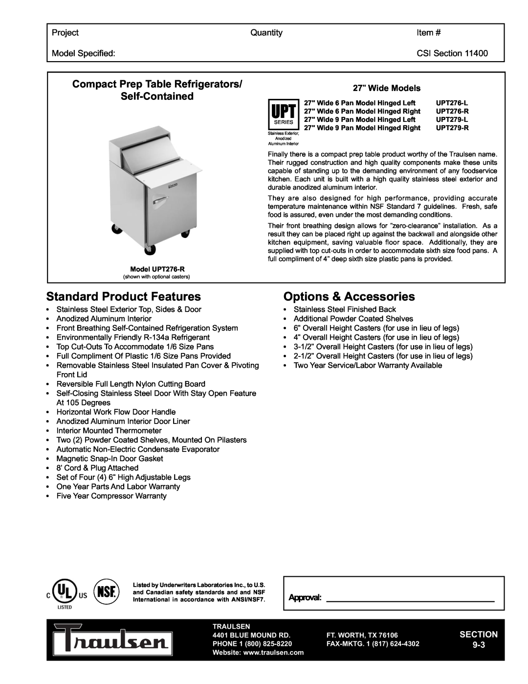 Traulsen UPT276-L warranty Compact Prep Table Refrigerators Self-Contained, Project, Quantity, Item #, Model Specified 