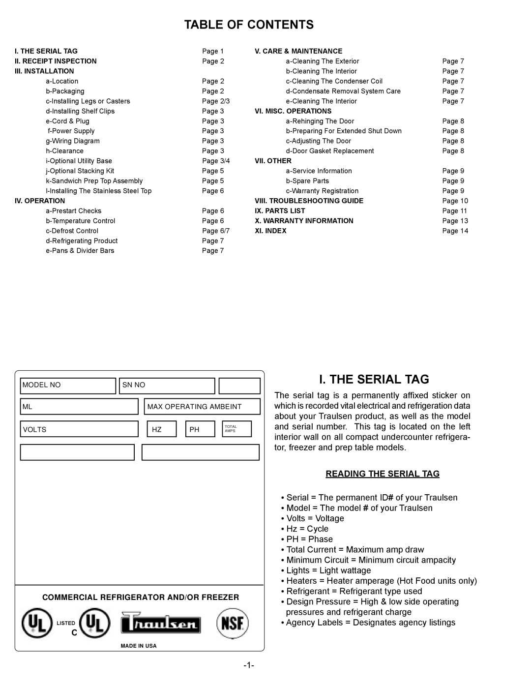 Traulsen UHT60, UPT4818, UPT488, UPT4812, UPT276, ULT48, ULT27, ULT60, UPT279, UHT48, UHT27, UPT6024 Table of Contents, Serial TAG 