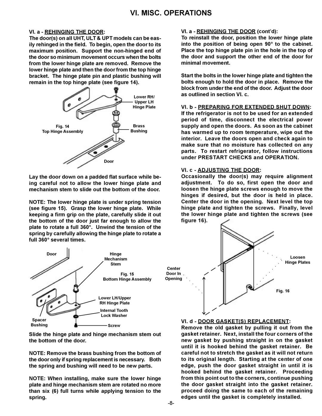 Traulsen UHT48, UPT4818, UPT488, UHT60, UPT4812, UPT276, ULT48, ULT27, ULT60, UHT27 VI. MISC. Operations, VI. a Rehinging the Door 