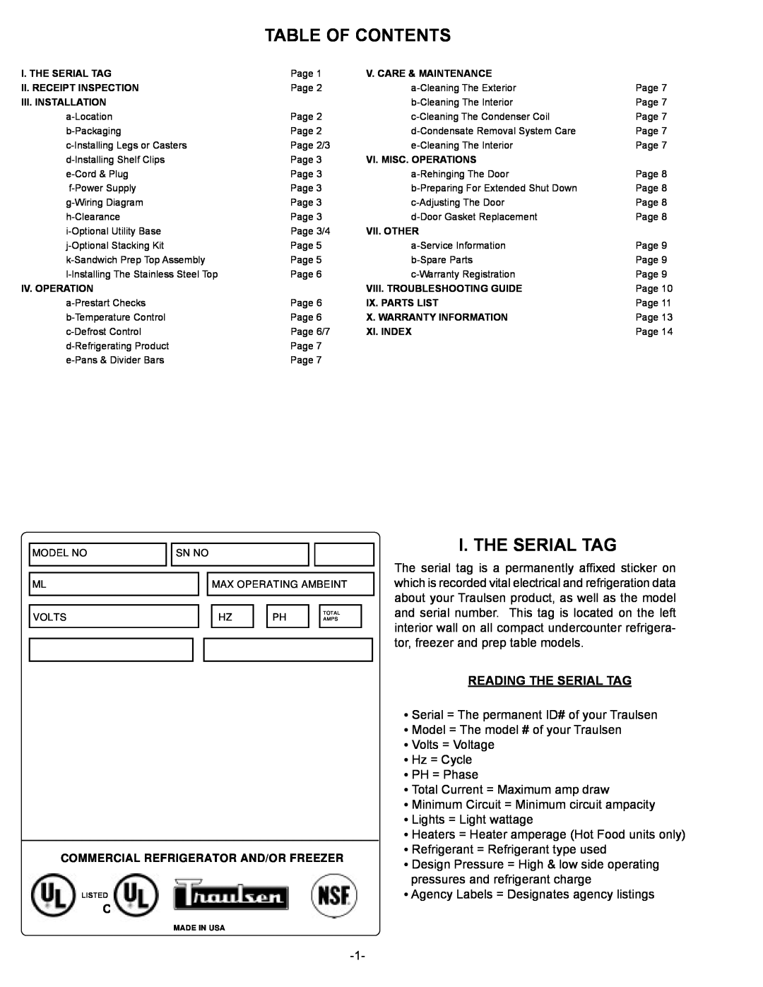 Traulsen UHT60, UPT4818, UPT488, UPT4812, UPT276, ULT48, ULT27, ULT60, UPT279, UHT48, UHT27 Table Of Contents, I. The Serial Tag 