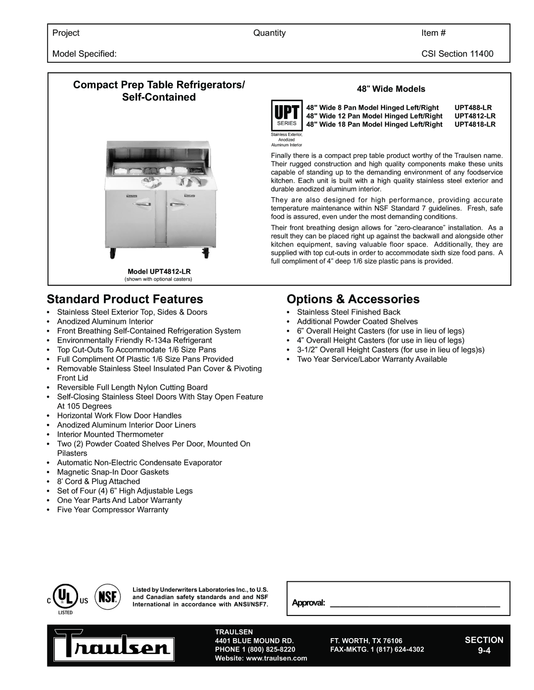 Traulsen UPT4812-LR, UPT488-LR, UPT4818-LR warranty Upt, Compact Prep Table Refrigerators Self-Contained 