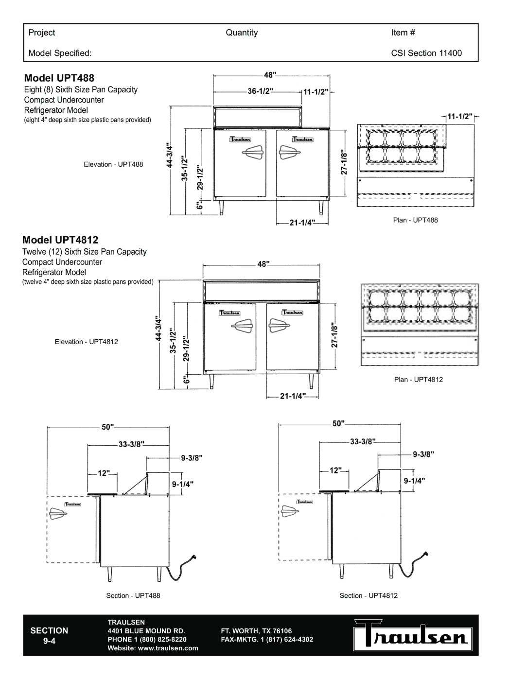 Traulsen UPT4818-LR, UPT488-LR, UPT4812-LR warranty Model UPT488, Model UPT4812 