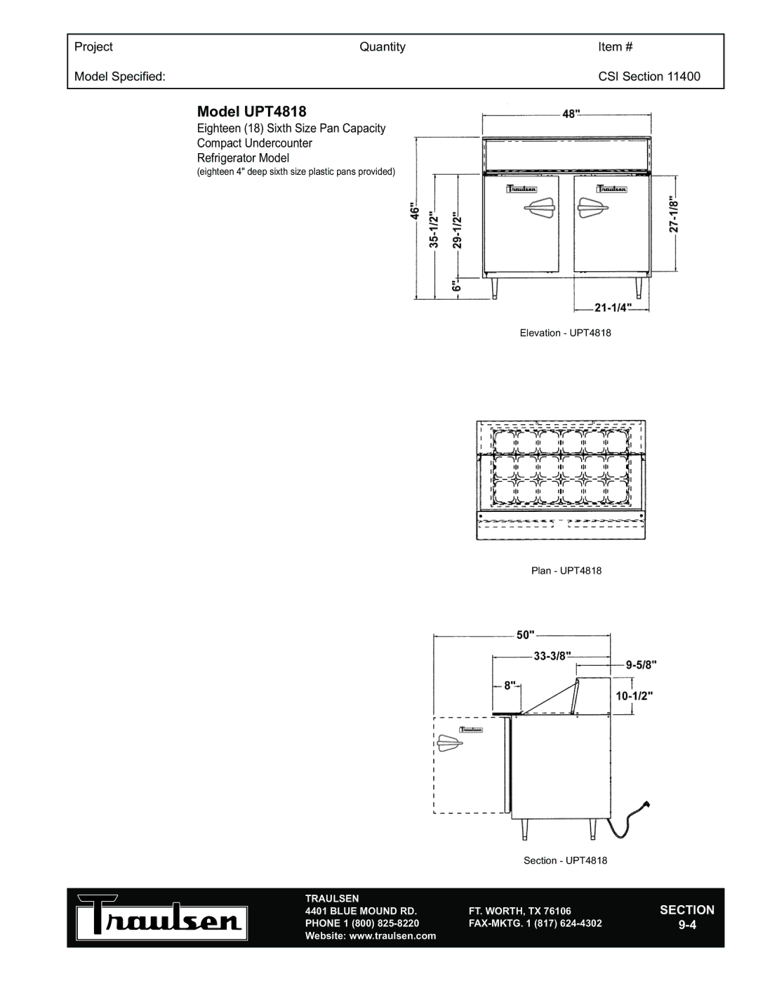 Traulsen UPT488-LR, UPT4812-LR, UPT4818-LR warranty Model UPT4818 