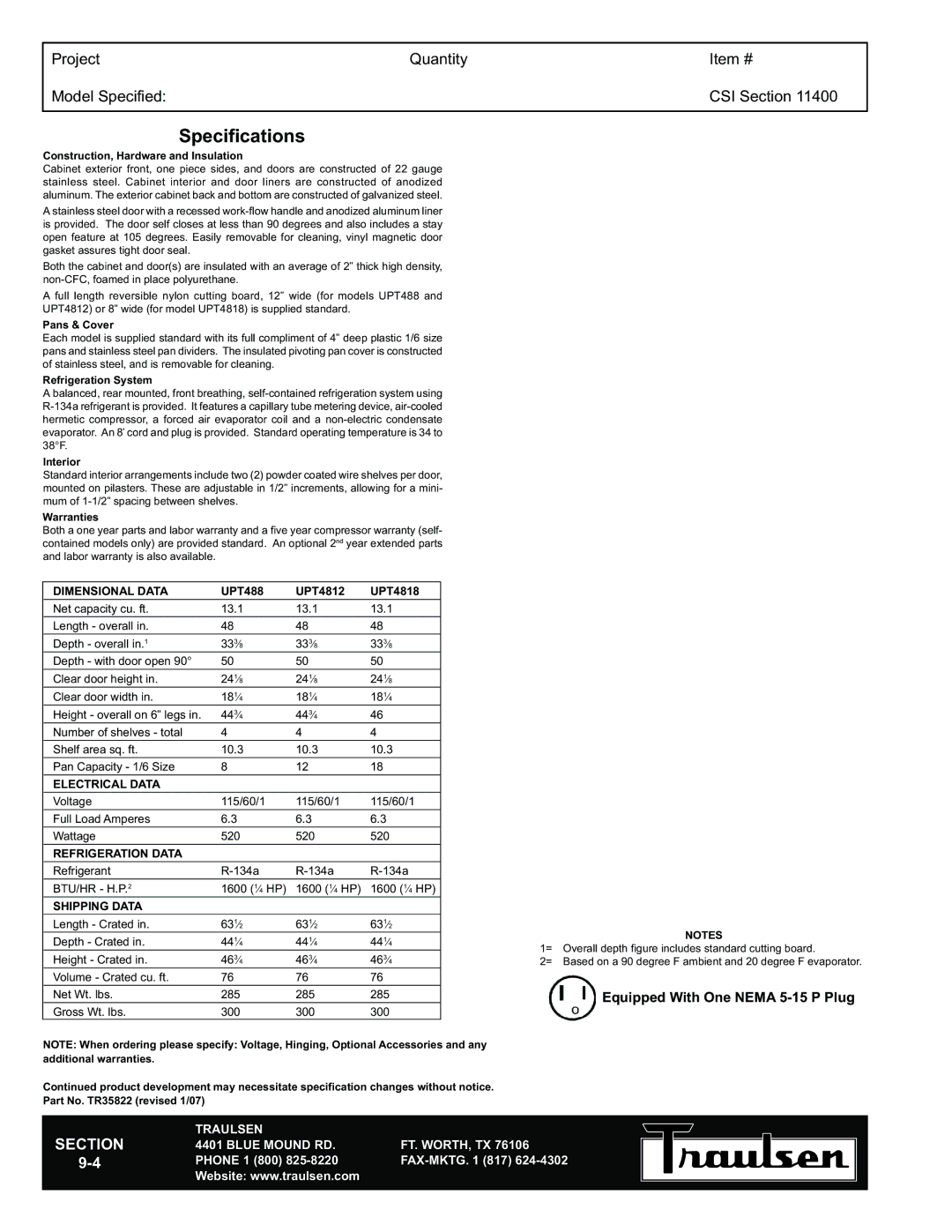 Traulsen UPT4812-LR, UPT488-LR, UPT4818-LR warranty Specifications, Construction, Hardware and Insulation 