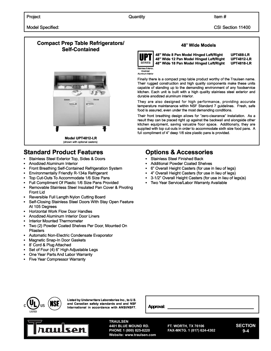 Traulsen UPT4812-LR warranty Compact Prep Table Refrigerators Self-Contained, Project, Quantity, Item #, Model Specified 