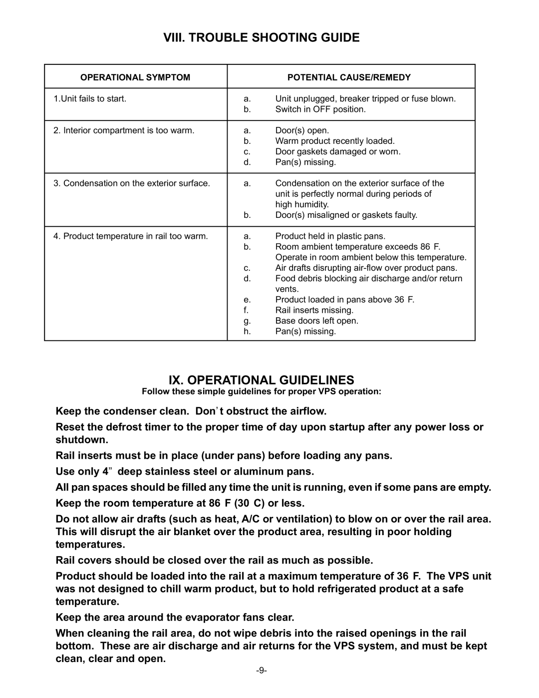 Traulsen VPS54J VIII. Trouble Shooting Guide, IX. Operational Guidelines, Operational Symptom Potential CAUSE/REMEDY 