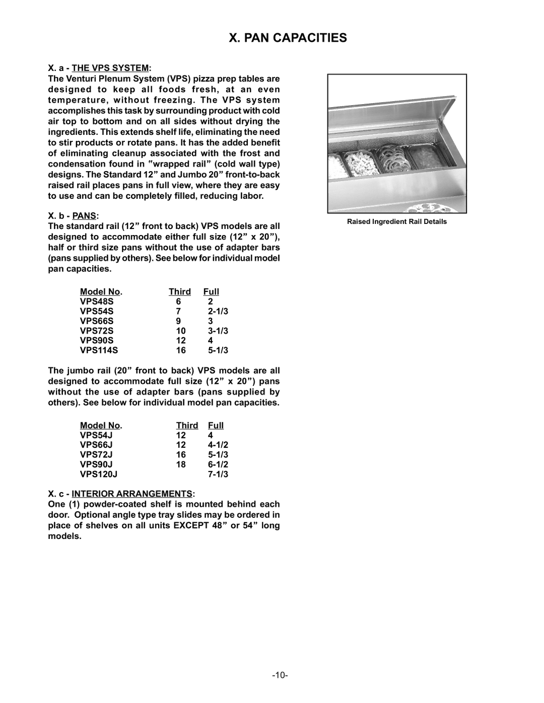 Traulsen VPS48S, VPS54S, VPS66S, VPS90S, VPS114S, VPS54J, VPS66J, VPS72J, VPS90J, VPS120J owner manual PAN Capacities 