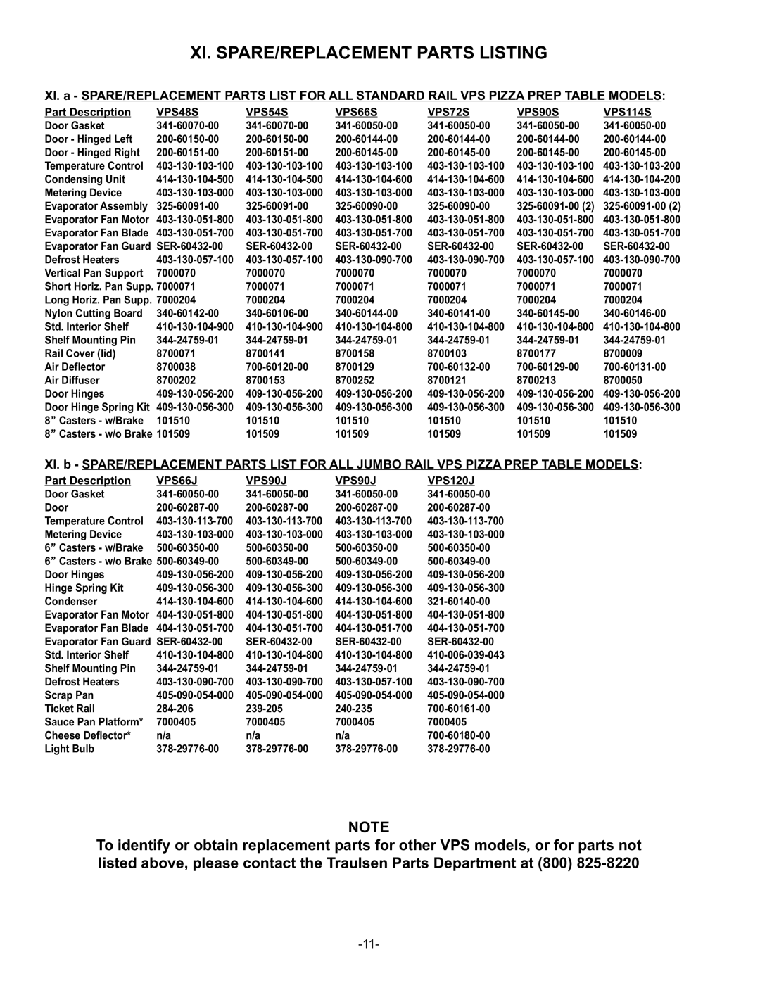 Traulsen VPS72J, VPS66J, VPS54J owner manual XI. SPARE/REPLACEMENT Parts Listing, VPS48S VPS54S VPS66S VPS72S VPS90S VPS114S 