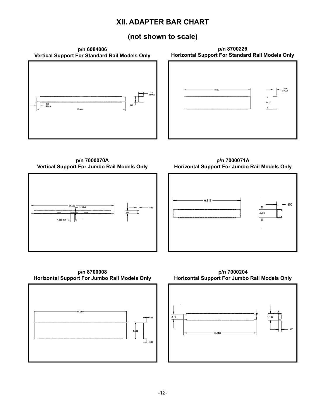 Traulsen VPS66J, VPS72J, VPS54J owner manual XII. Adapter BAR Chart, Not shown to scale 