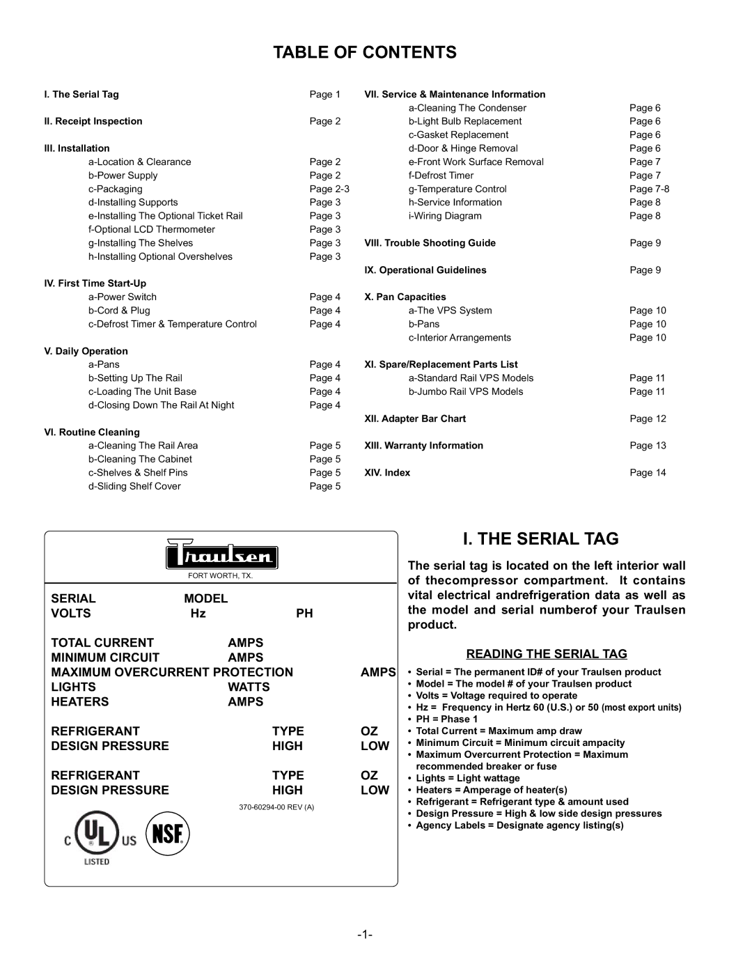 Traulsen VPS54J, VPS72J, VPS66J owner manual Table of Contents, Serial TAG 