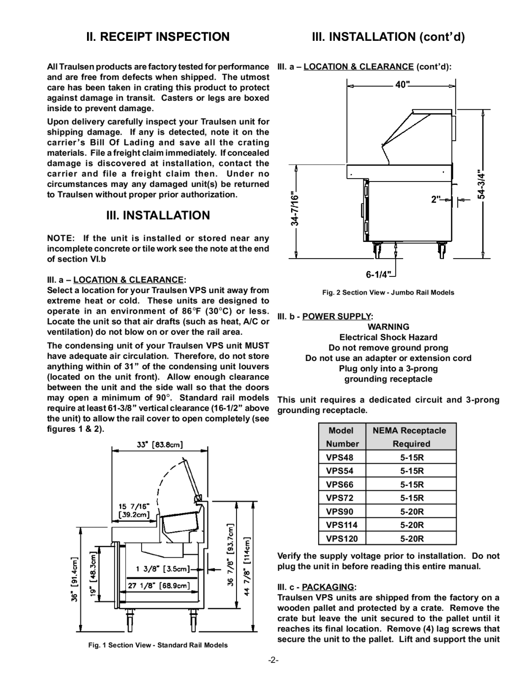 Traulsen VPS48S, VPS54S, VPS66S, VPS90S, VPS114S, VPS54J, VPS66J, VPS72J, VPS90J, VPS120J II. Receipt Inspection 