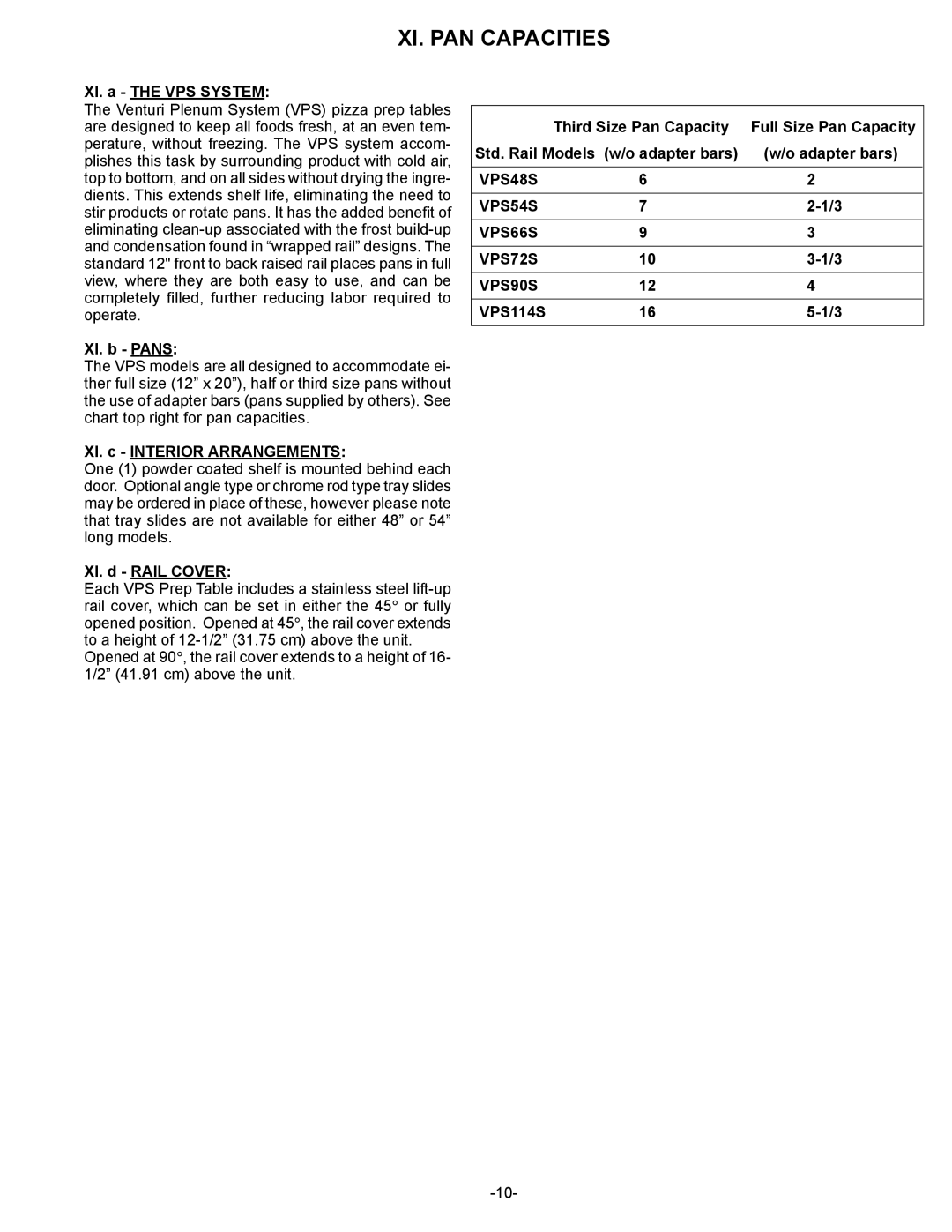 Traulsen VPS114S, VPS72S, VPS90S, VPS66S, VPS54S, VPS48S owner manual XI. PAN Capacities, XI. a the VPS System 