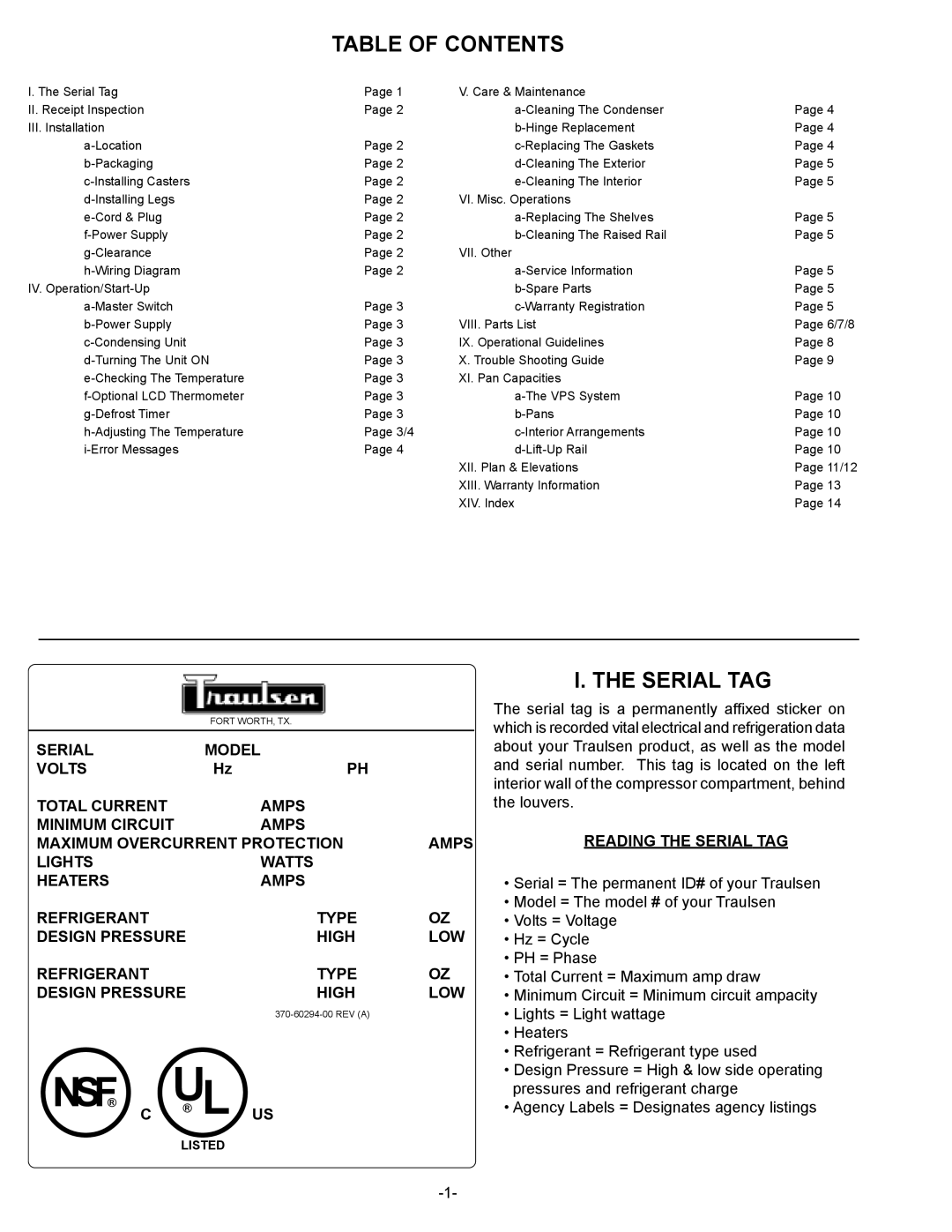 Traulsen VPS66S, VPS72S, VPS90S, VPS54S, VPS48S, VPS114S owner manual Table of Contents, Serial TAG 