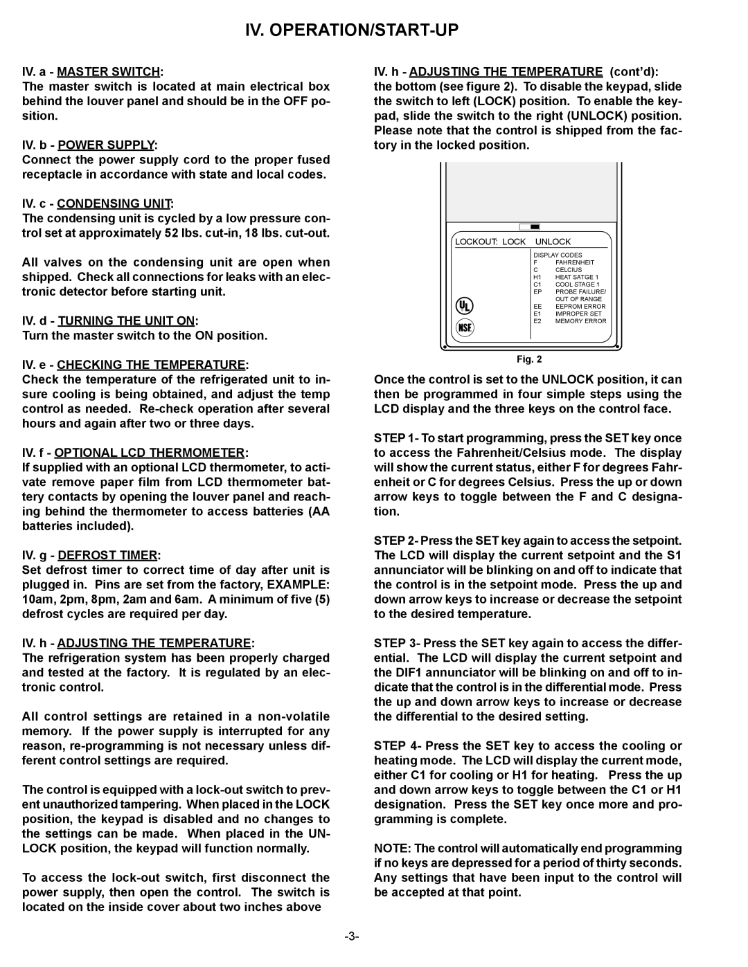 Traulsen VPS48S, VPS72S, VPS90S, VPS66S, VPS54S, VPS114S owner manual Iv. Operation/Start-Up, Lockout Lock Unlock 