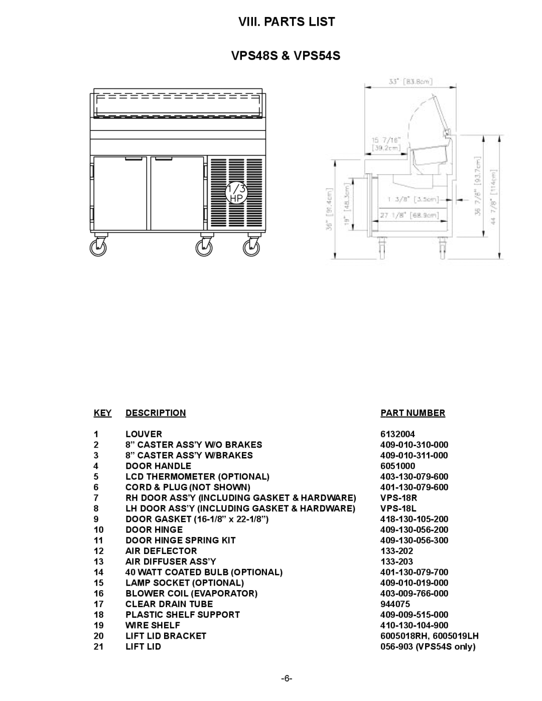 Traulsen VPS90S, VPS72S, VPS66S, VPS114S owner manual VIII. Parts List VPS48S & VPS54S 