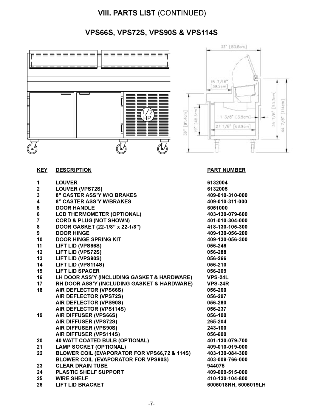 Traulsen VPS54S, VPS48S owner manual VIII. Parts List, VPS66S, VPS72S, VPS90S & VPS114S 