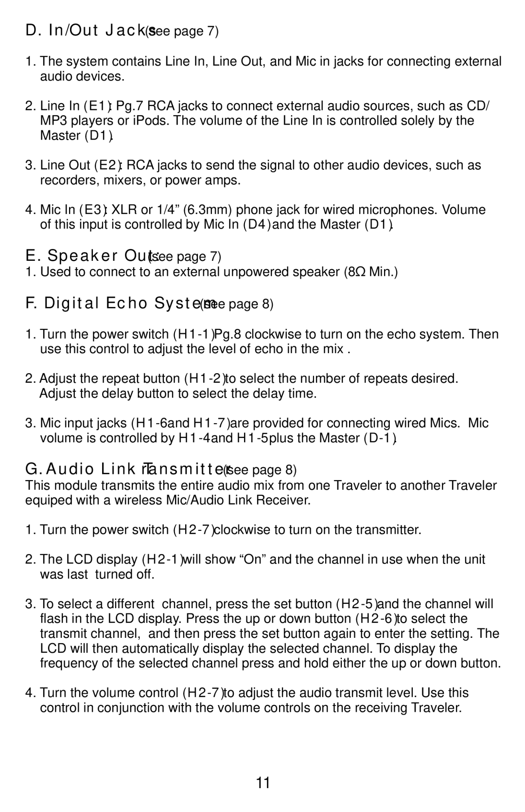 Traveler AS-TV8 manual In/Out Jacks see, Speaker Out see, Digital Echo System see, Audio Link Transmitter see 