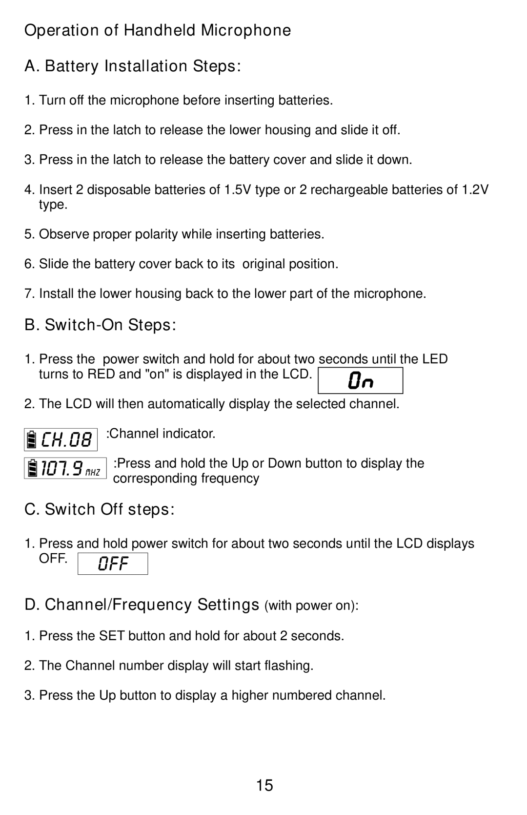 Traveler AS-TV8 manual Operation of Handheld Microphone Battery Installation Steps, Switch-On Steps, Switch Off steps 