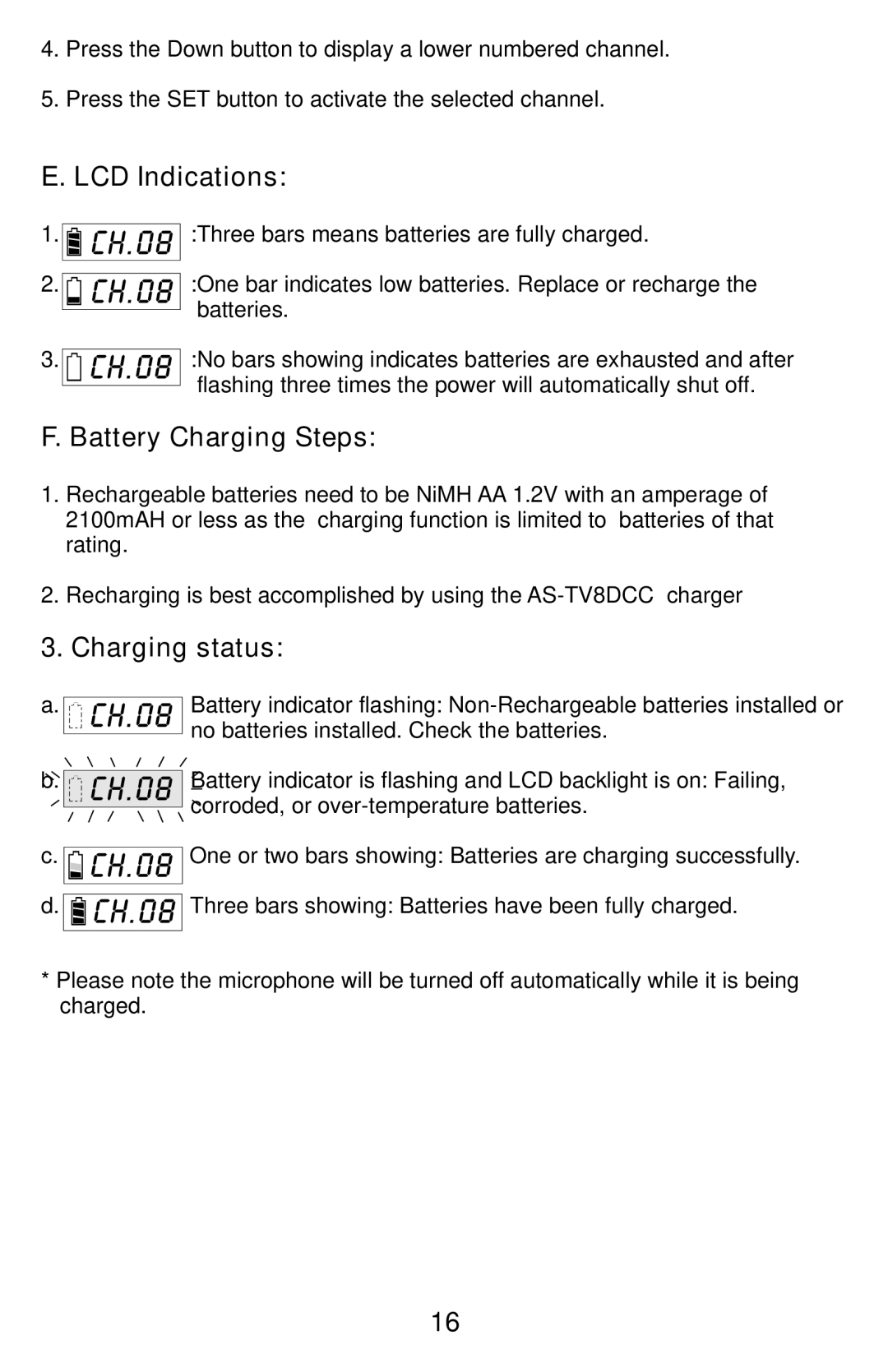 Traveler AS-TV8 manual LCD Indications, Battery Charging Steps, Charging status 