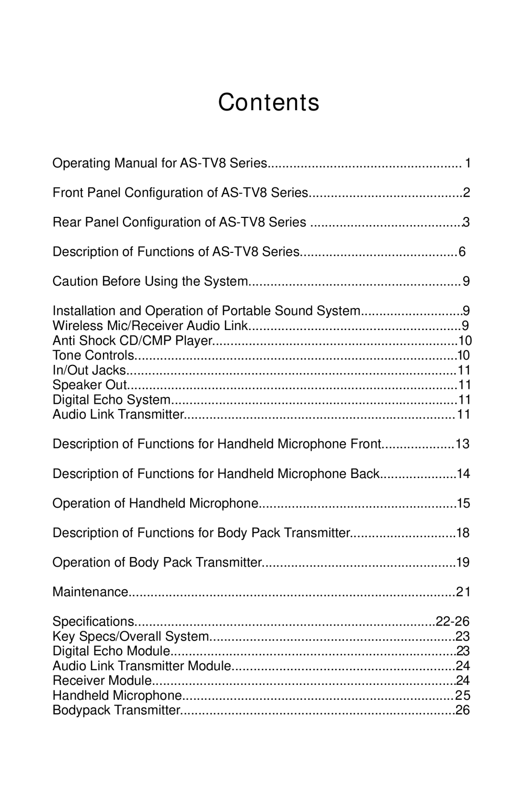 Traveler AS-TV8 manual Contents 