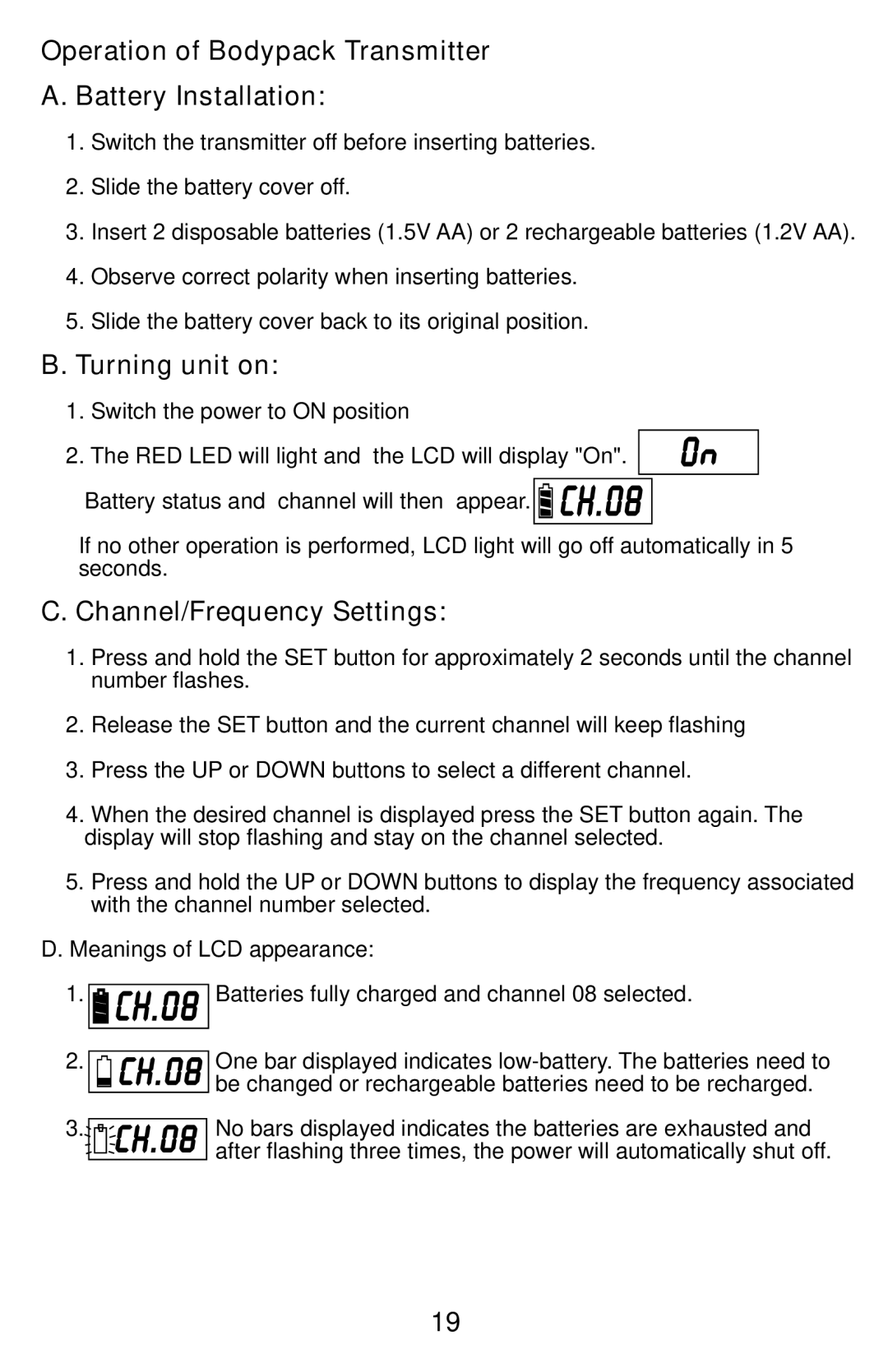 Traveler AS-TV8 manual Operation of Bodypack Transmitter Battery Installation, Turning unit on, Channel/Frequency Settings 