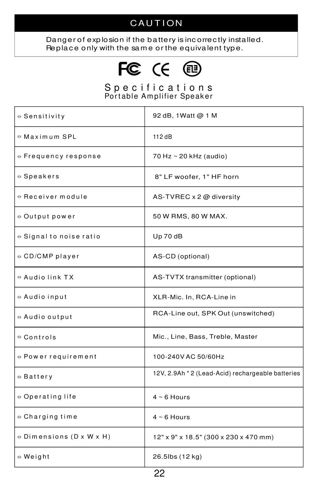 Traveler AS-TV8 manual Specification s, Portable Amplifier Speaker 