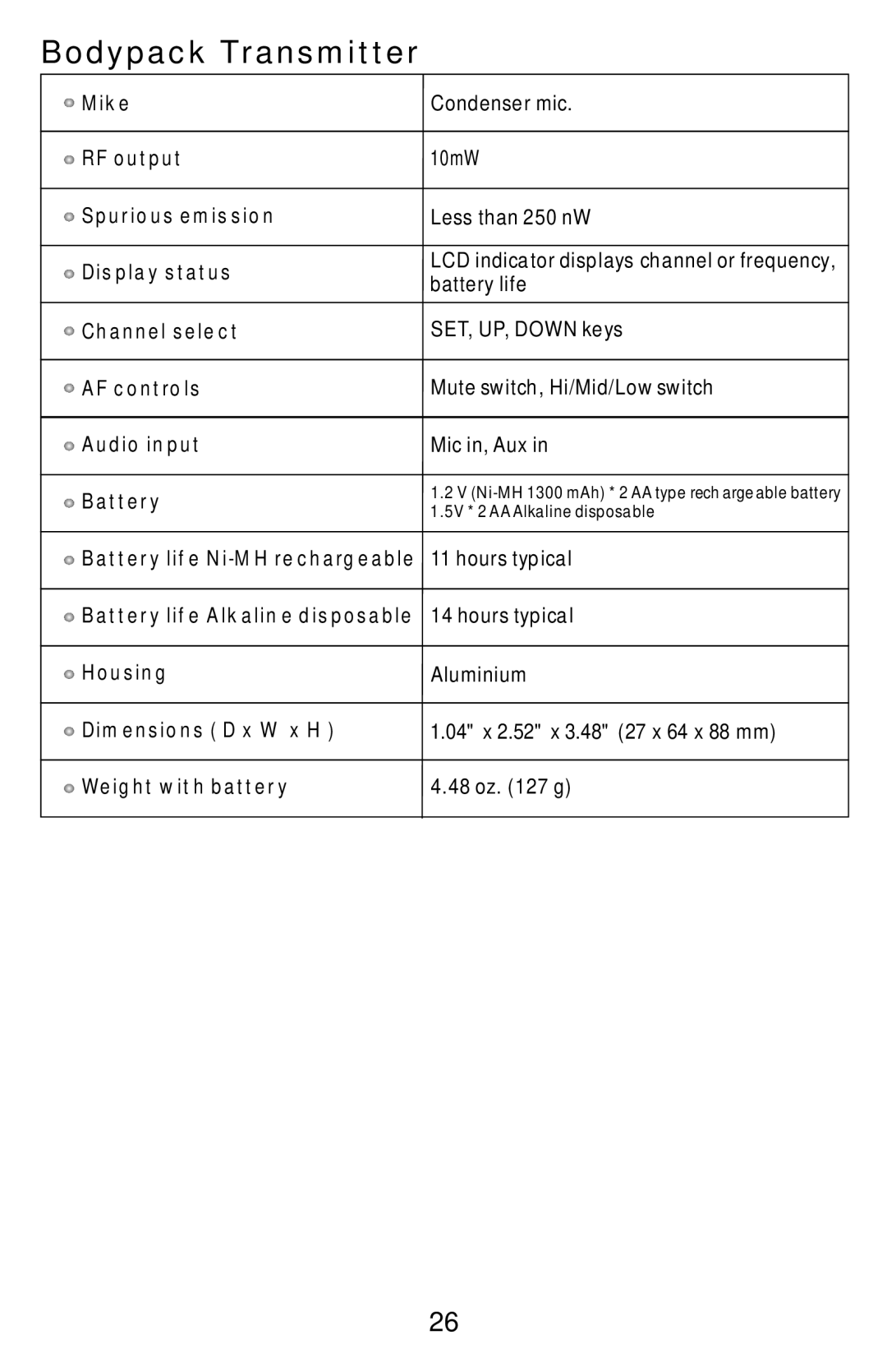 Traveler AS-TV8 manual Bodypack Transmitter, Battery 