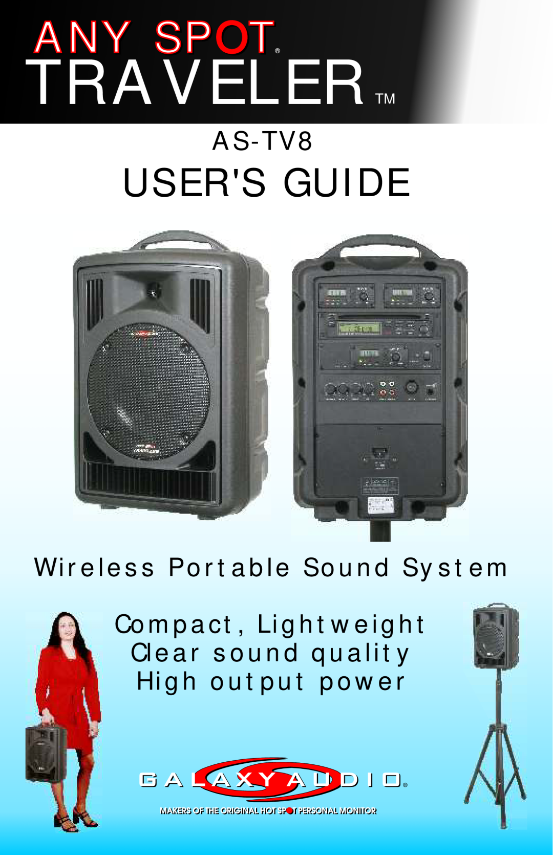 Traveler AS-TV8 manual Wireless Portable Sound System, Compact, Lightweight Clear sound quality, High output power 