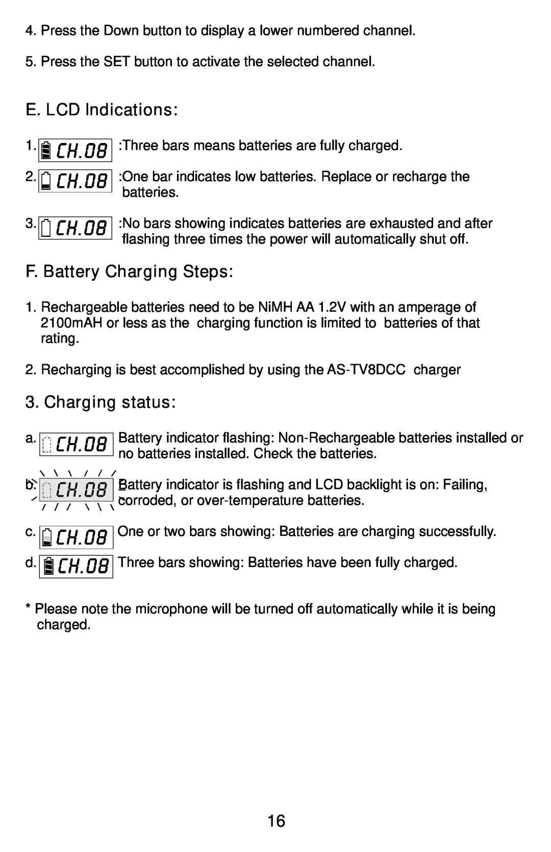 Traveler AS-TV8 manual E. LCD Indications, F. Battery Charging Steps, Charging status 