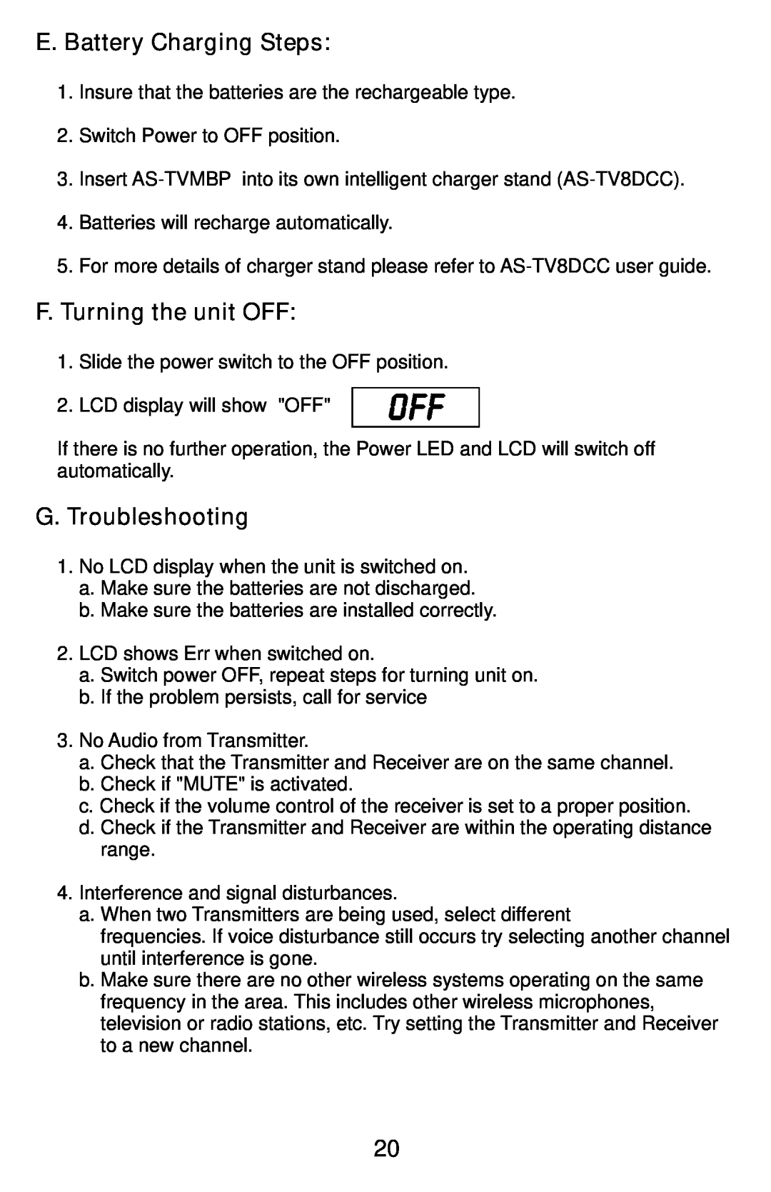 Traveler AS-TV8 manual E. Battery Charging Steps, F.Turning the unit OFF, G.Troubleshooting 
