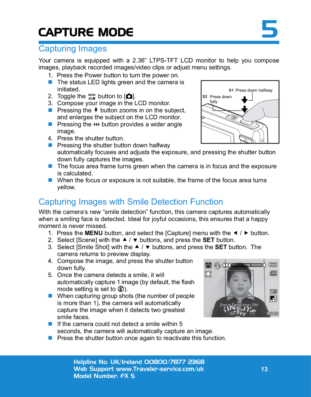 Traveler FX 5 specifications Capture Mode, Capturing Images with Smile Detection Function 