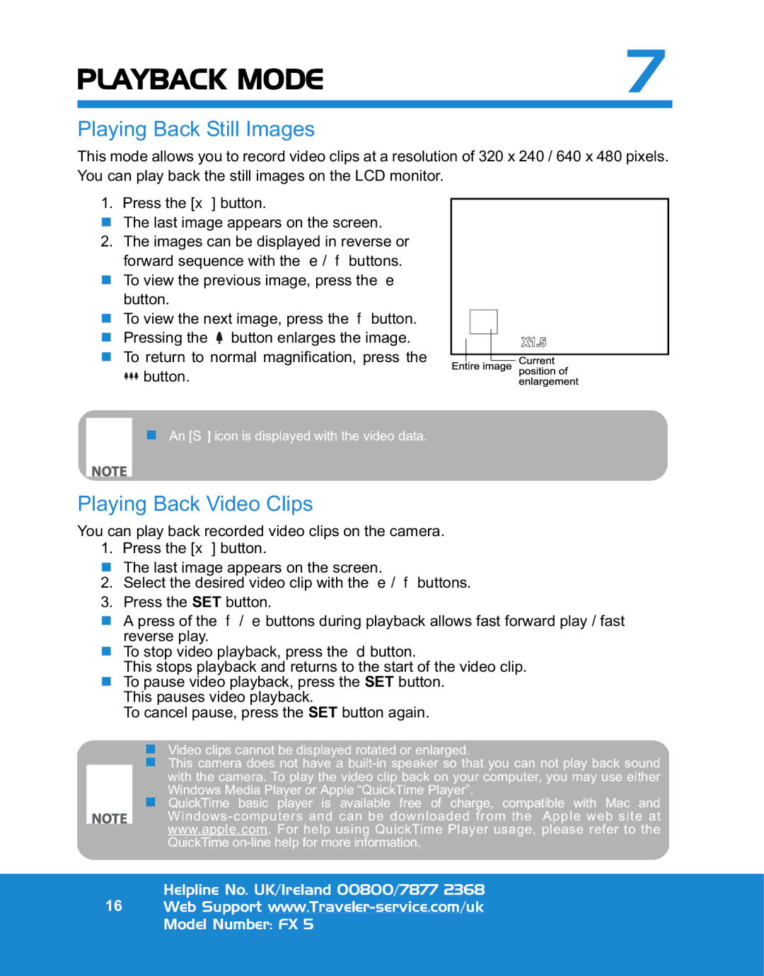 Traveler FX 5 specifications Playback Mode, Playing Back Still Images, Playing Back Video Clips 