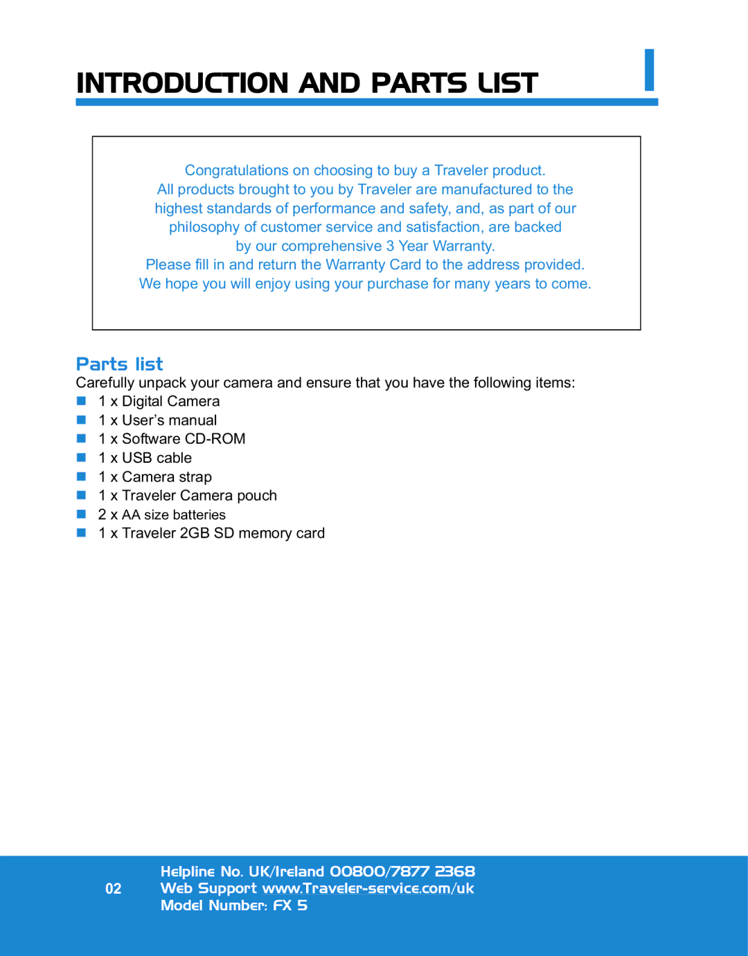 Traveler FX 5 specifications Introduction and Parts List, Parts list 