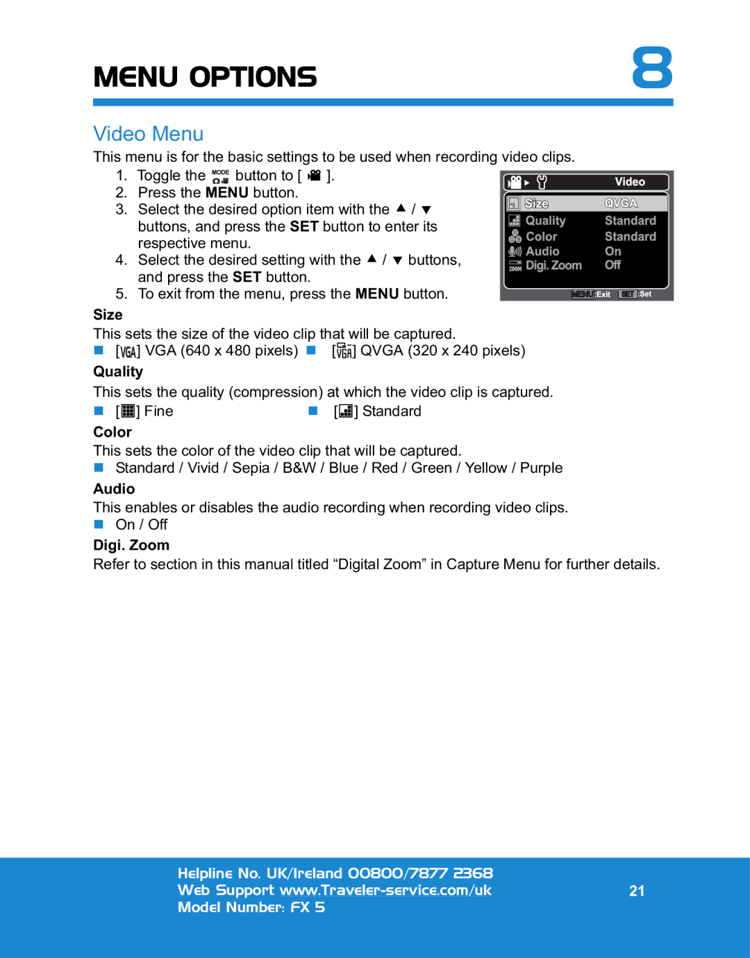 Traveler FX 5 specifications Video Menu, Audio 