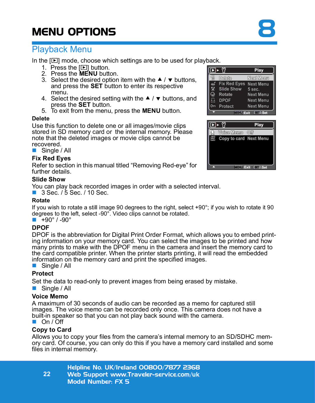 Traveler FX 5 specifications Playback Menu 