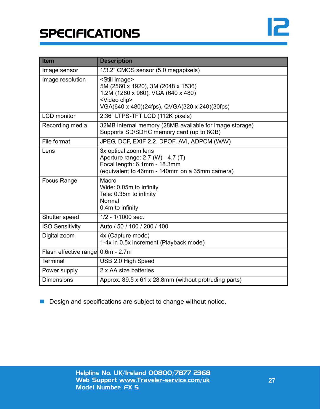 Traveler FX 5 specifications Specifications, Description 