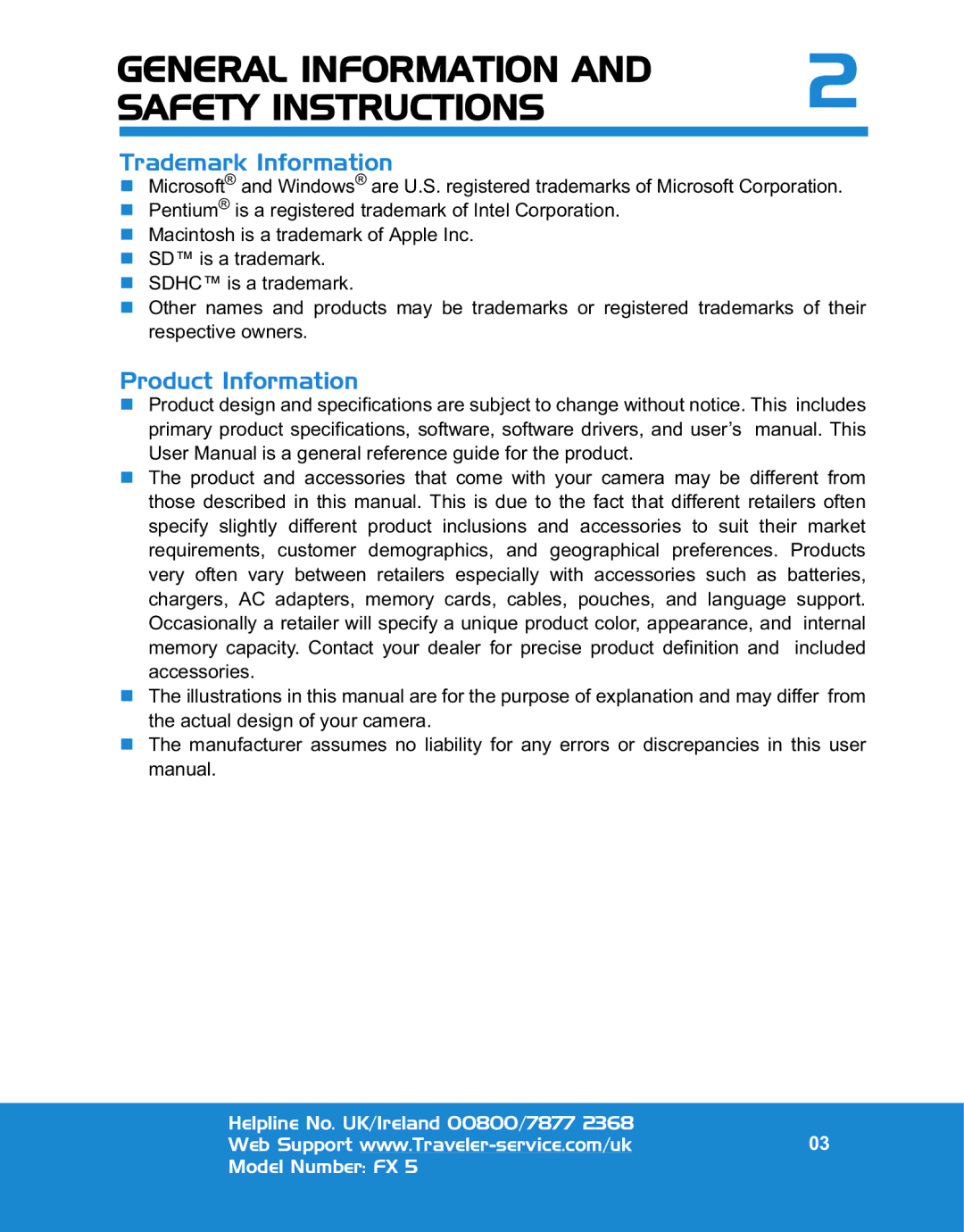 Traveler FX 5 specifications General Information Safety Instructions, Trademark Information 