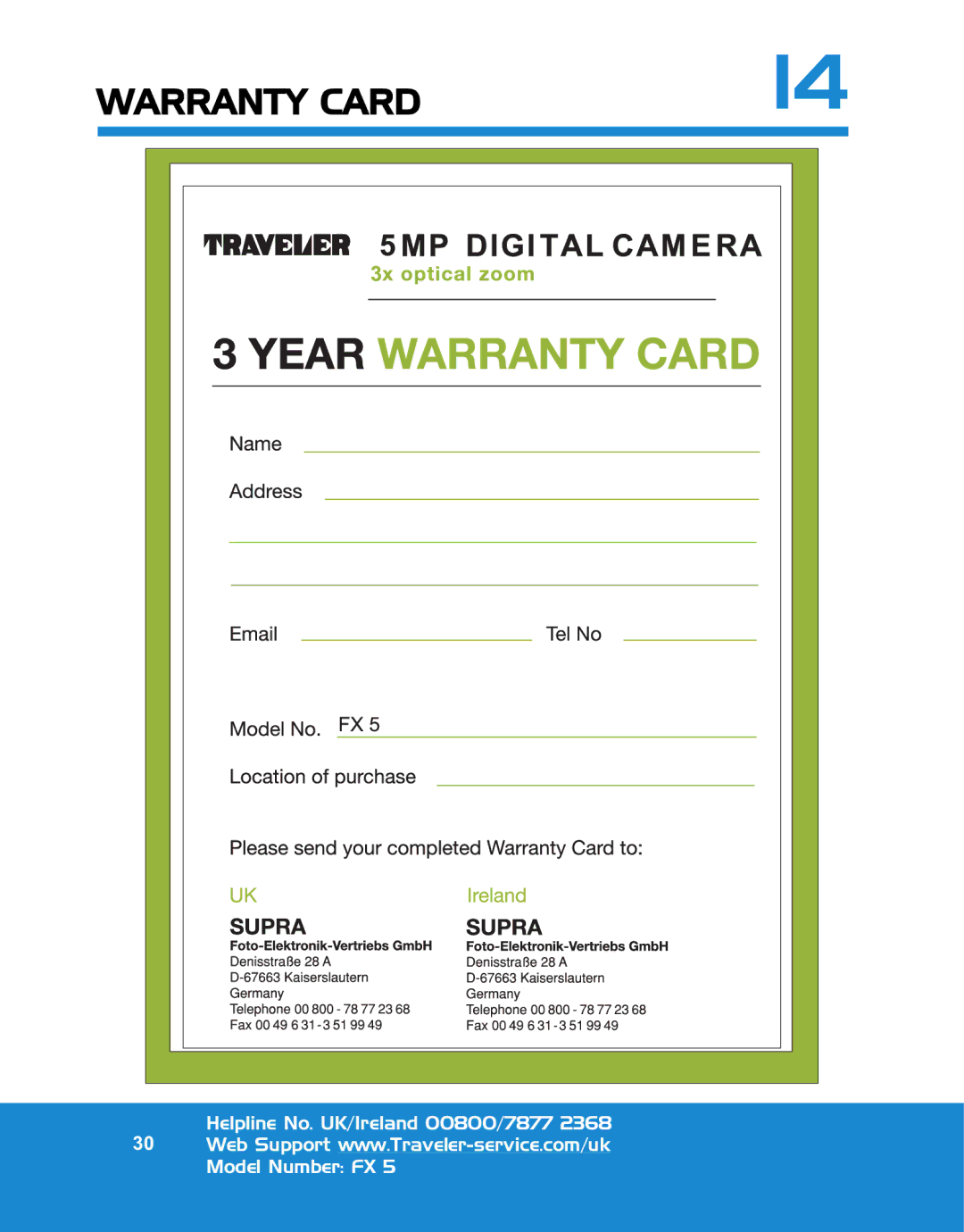 Traveler FX 5 specifications Warranty Card 