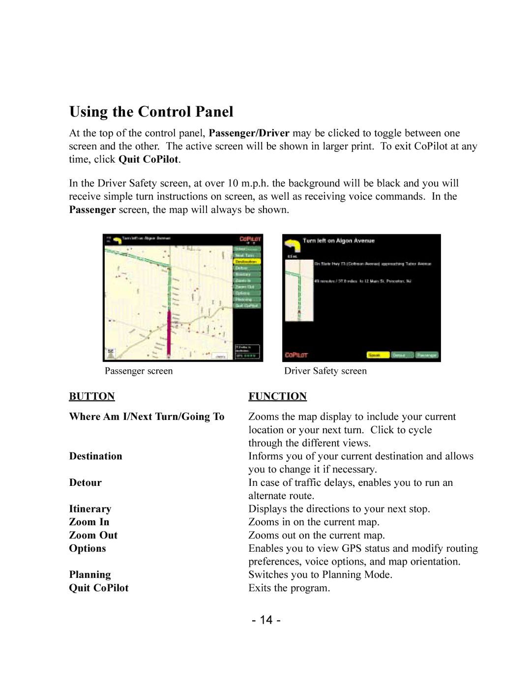 TravRoute CoPilot 2002 manual Using the Control Panel 