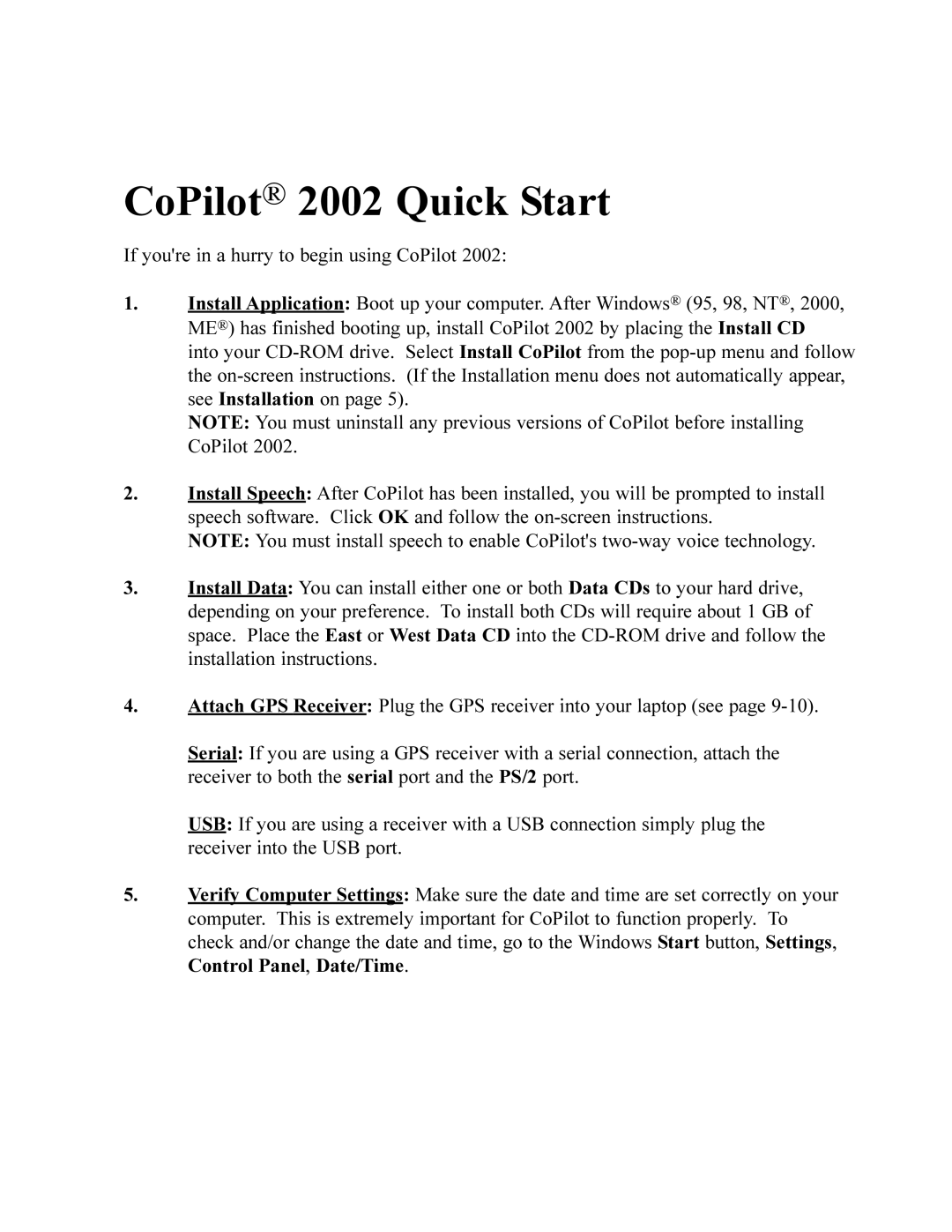 TravRoute manual CoPilot 2002 Quick Start 