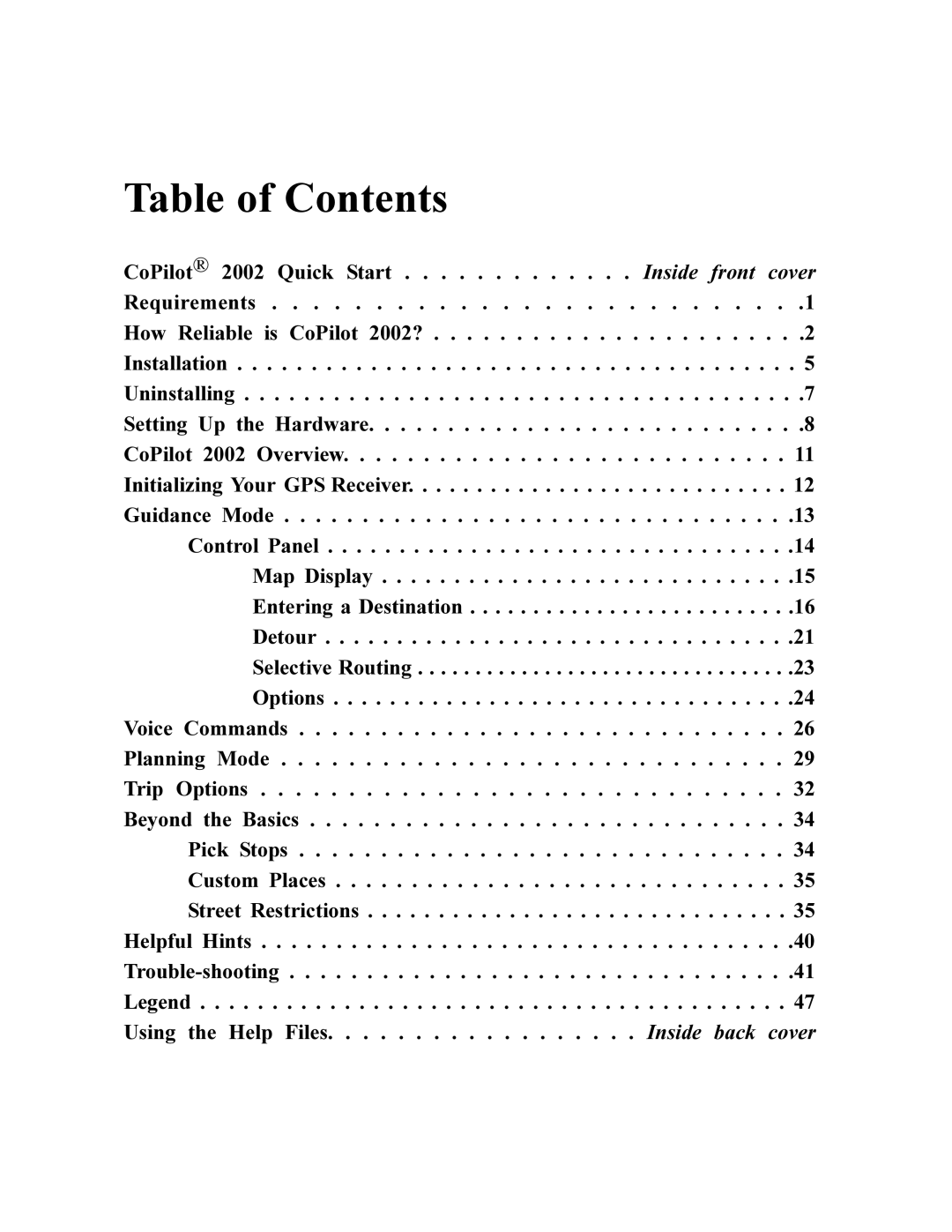 TravRoute CoPilot 2002 manual Table of Contents 