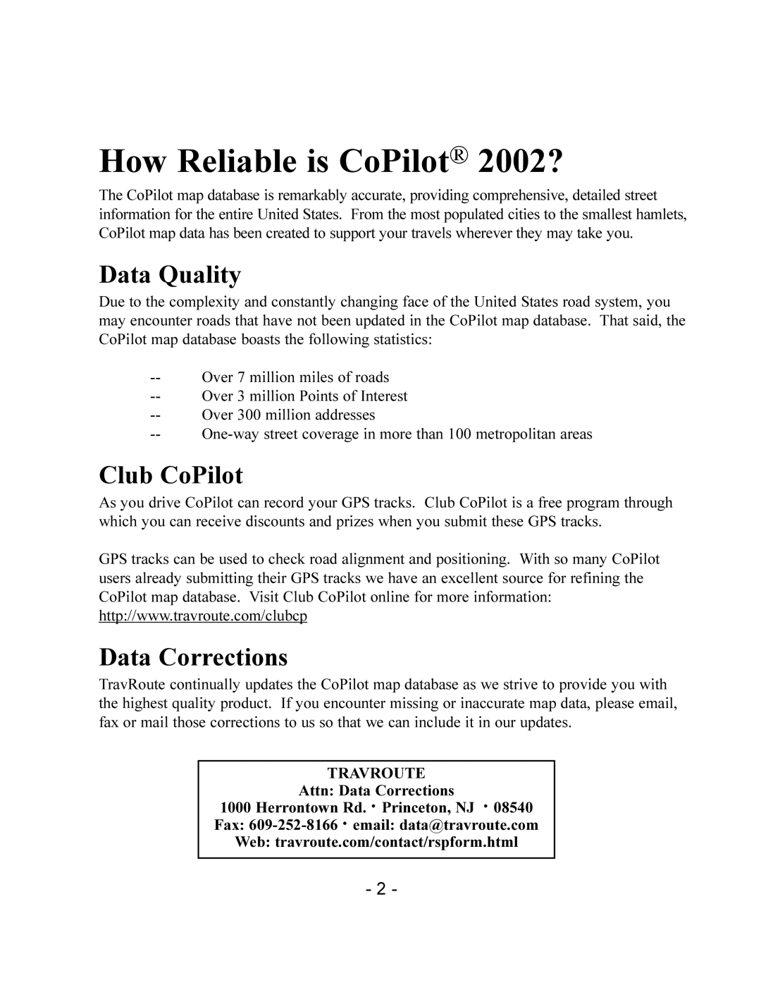 TravRoute manual How Reliable is CoPilot 2002?, Attn Data Corrections 