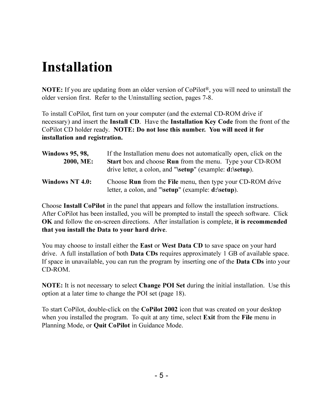 TravRoute CoPilot 2002 manual Installation 