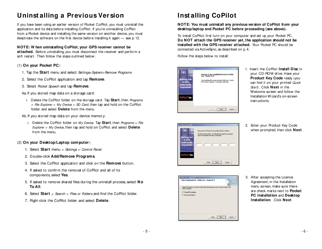 TravRoute Pocket PC 5 manual Uninstalling a Previous Version, Installing CoPilot 