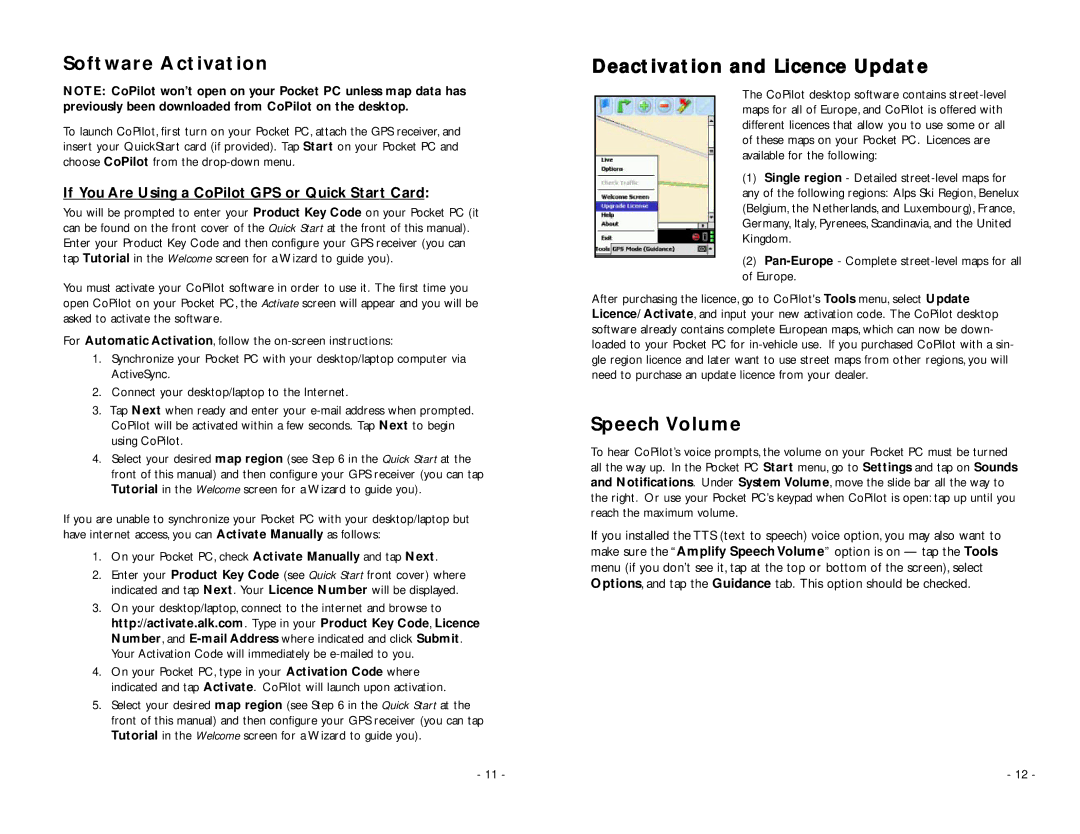 TravRoute Pocket PC 5 manual Software Activation, Deactivation and Licence Update, Speech Volume 